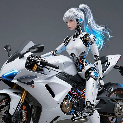 CGI image of a white-haired, blue-eyed, cybernetic woman with glowing blue accents, riding a sleek white sports motorcycle. Futuristic,