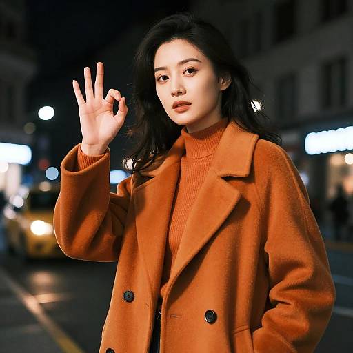 Photograph of an Asian woman with long black hair, wearing an orange turtleneck and matching coat, waving her hand on a nighttime city street with