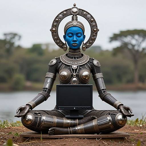 Photograph of a blue-painted, silver robotic statue of a meditating deity with intricate armor, sitting cross-legged by a lake.