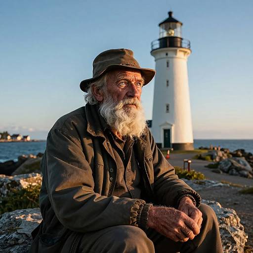Photograph of an elderly white man with a white beard, wearing a green hat and jacket, sitting on rocks in front of a white lighthouse at