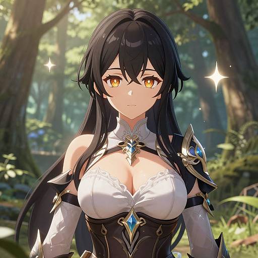 Digital anime-style drawing of a beautiful woman with long black hair, amber eyes, and large breasts in an elaborate white and black armored outfit, standing in