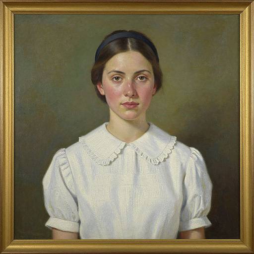 Oil painting of a young woman with fair skin, dark hair, and a white Victorian dress, framed in a gold frame.
