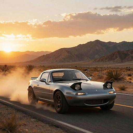 Photograph of a silver Porsche 911 speeding through a desert landscape at sunset, kicking up dust, with mountains in the background.