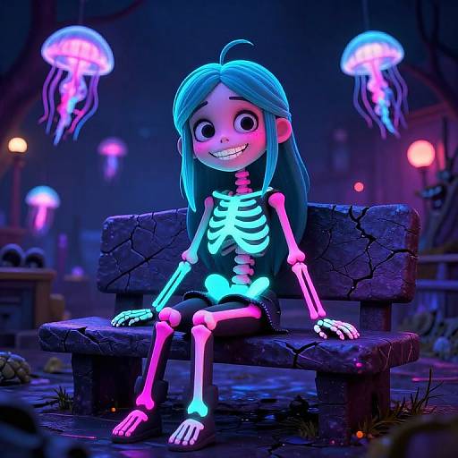 Digital CGI of a glowing, skeleton-clad girl with blue hair, sitting on a cracked bench, under neon jellyfish in a dark, underwater-themed