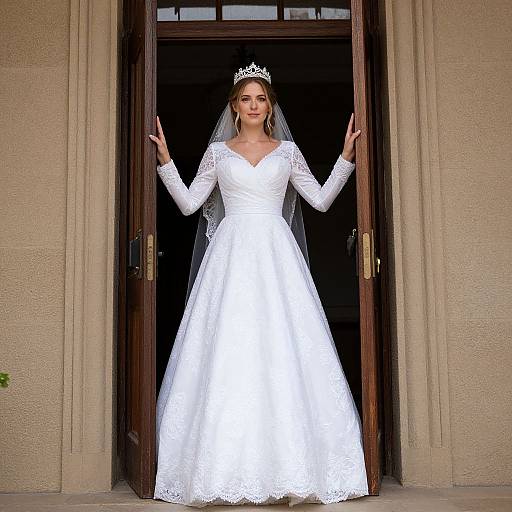 Photograph of a smiling bride in a white lace wedding dress with long sleeves, veil, and tiara, standing in a doorway.