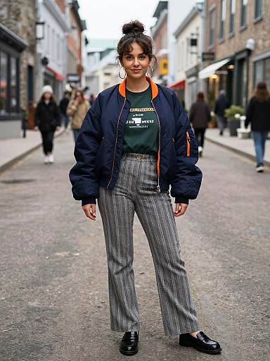 Photograph of a confident woman with dark hair in a bun, wearing a navy jacket, green shirt, and gray striped high-waist pants,