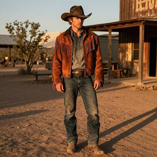 Rugged Cowboy in Western Town at Sunset