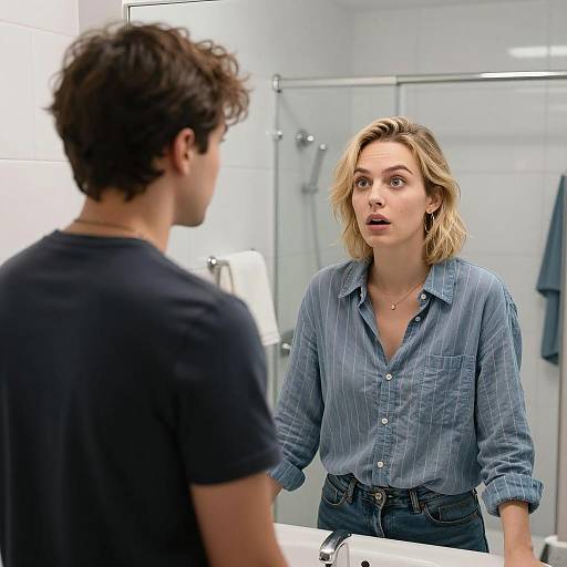 Surprised Woman in Tiled Bathroom Scene