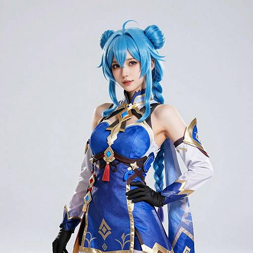 Cosplay of Anime Character with Blue Hair and Fantasy Outfit