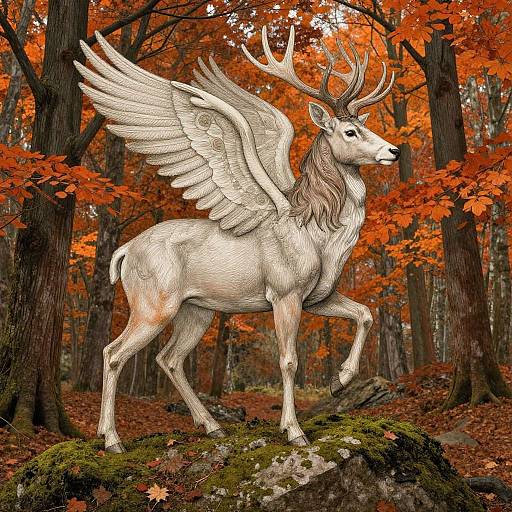Digital illustration of a white, winged deer with antlers standing on a mossy rock in an autumn forest with vibrant orange leaves.