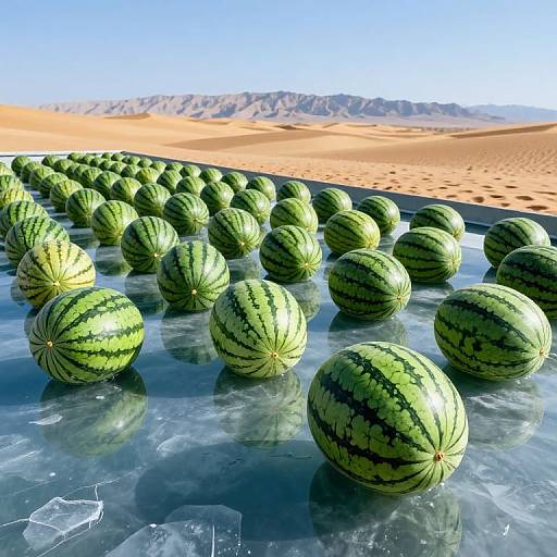 Photograph of numerous green-striped watermelons on a reflective, icy surface, set against a vast, sandy desert with distant mountains under clear blue sky