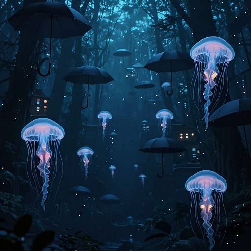 Digital art of a dark, underwater forest with glowing blue jellyfish and umbrellas, illuminated by soft, ethereal lights.