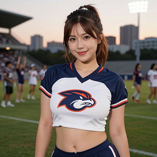 Asian cheerleader in a black and white crop top with a bear logo, black shorts, and ponytail, standing on a football field at sunset.