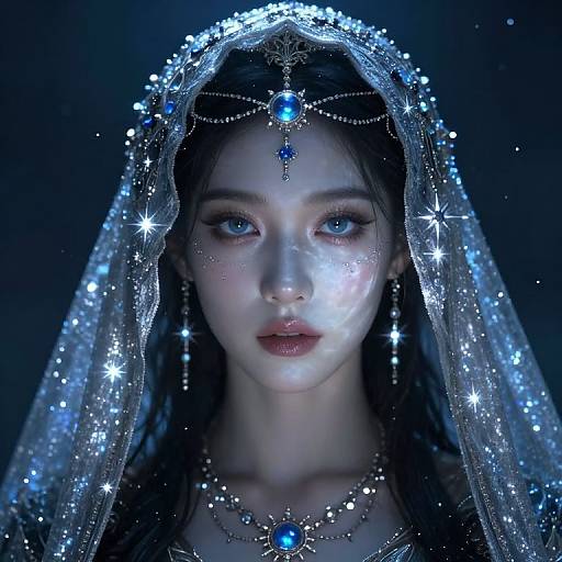 Digital portrait of a pale-skinned woman with blue eyes, wearing a sparkling blue headpiece and jewelry, set against a dark blue background.