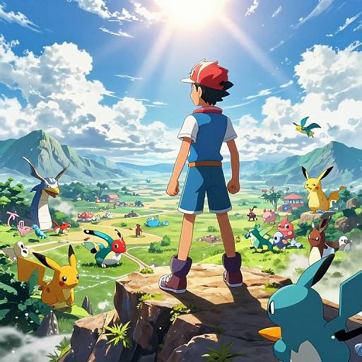Digital art of Ash Ketchum from Pokémon, standing on a rock, facing a vibrant, sunlit village with Pokémon, mountains, and a clear