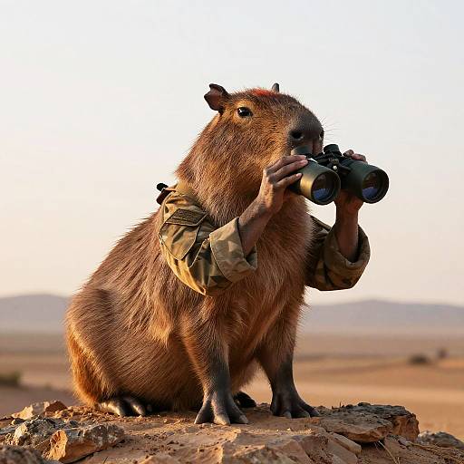Military Capybara on Rocky Hilltop