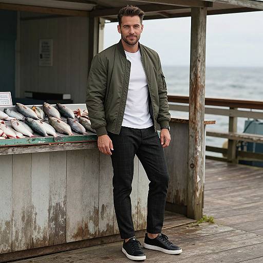 Photograph of a bearded man with short brown hair, wearing a green jacket, white t-shirt, black pants, and black sneakers, standing by