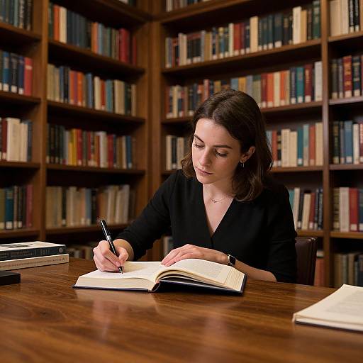 Photograph of a focused woman with dark hair, wearing a black blouse, writing in an open book at a wooden library table, surrounded by booksh