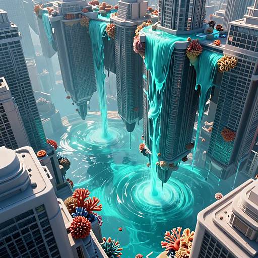 Futuristic CGI cityscape with floating skyscrapers, vibrant coral-like plants, and glowing blue waterfalls cascading into circular ripples below.