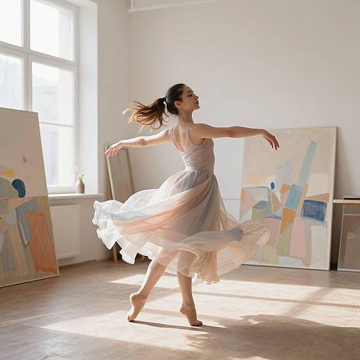 Photograph of a slender woman with dark hair in a flowing, semi-transparent white dress, dancing gracefully in a sunlit studio with abstract paintings on the