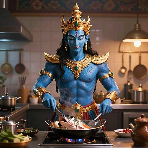 Photograph of a blue-skinned, muscular deity with golden crown and jewelry, cooking in a warm kitchen with modern appliances.