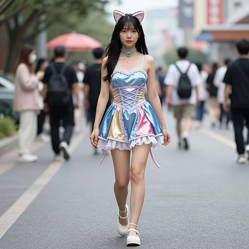 Photograph of an Asian woman in a colorful, strapless, frilled, anime-inspired dress with cat ears, walking down a busy urban street.