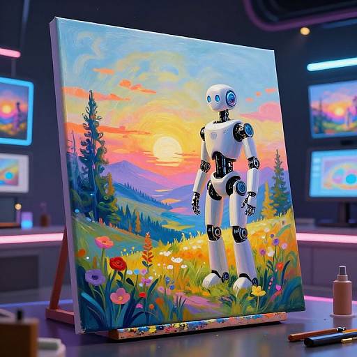 Photograph of a colorful, digital painting featuring a blue-eyed, white and black robot standing in a vibrant, sunset-lit meadow with flowers and