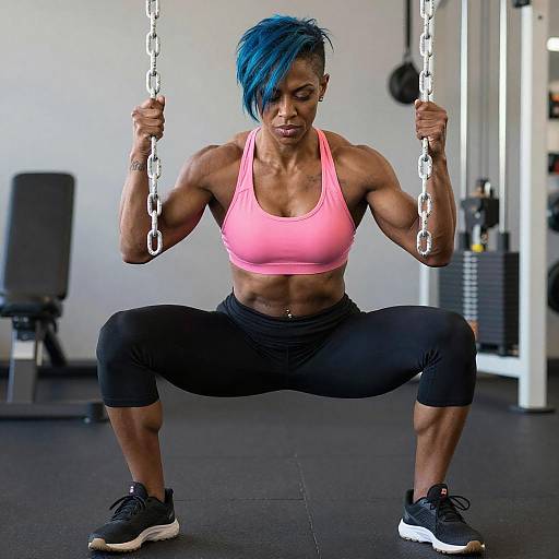 Muscular Woman Squatting with Chains