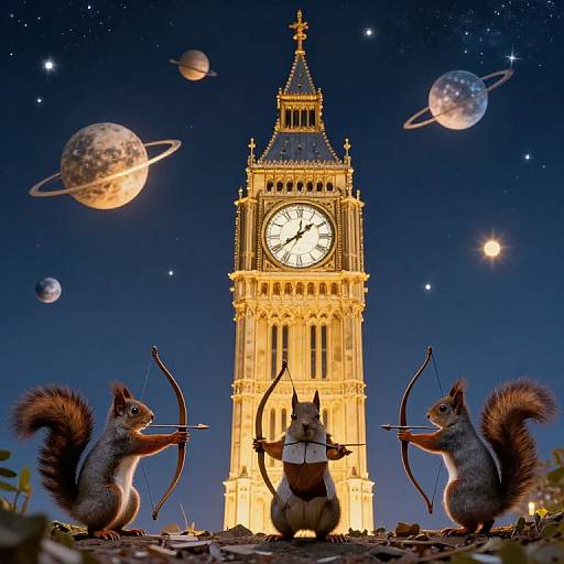 Squirrels with Bows Before Golden Clock Tower at Night