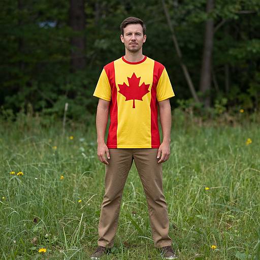 Photograph of a man with short dark hair, beard, wearing a yellow and red Canadian-themed shirt with a large maple leaf, beige pants, standing