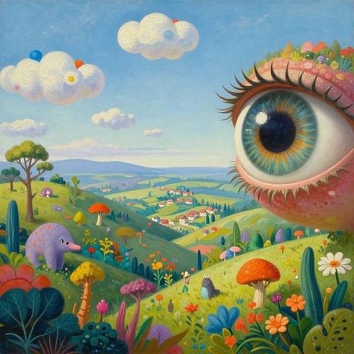Whimsical digital painting of a giant, detailed green eye in a vibrant, colorful landscape with cartoonish clouds, flowers, mushrooms, and a purple