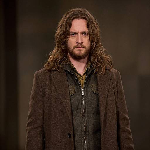 Photograph of a serious-looking man with long brown hair and a beard, wearing a dark brown coat over a black zip-up shirt, standing against a