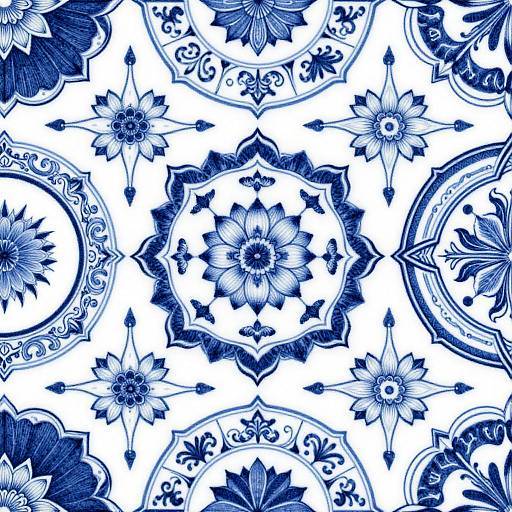 Detailed blue and white floral pattern, featuring intricate circular and star-shaped motifs, with symmetrical flowers and ornate designs on a white background.