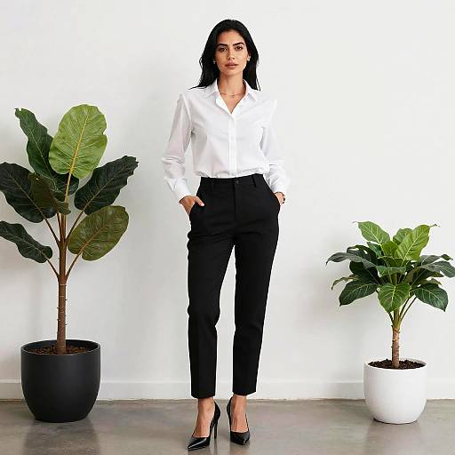 Photograph of a confident woman with long black hair, wearing a white blouse, black high-waisted pants, and black heels, standing between two