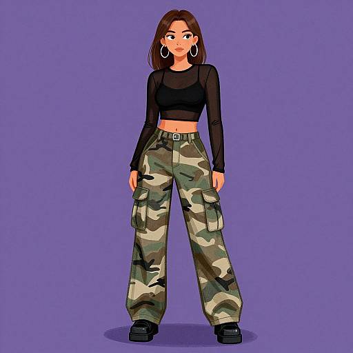 Digital illustration of a young woman with brown hair, wearing a black crop top, camo cargo pants, and black platform shoes, standing against a solid