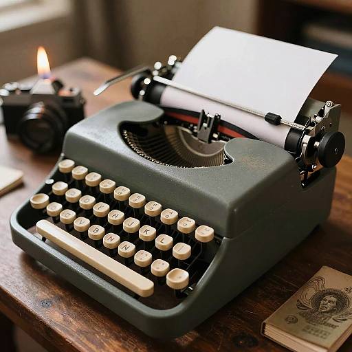 Photograph of a vintage green typewriter with white keys, typing a white sheet of paper, on a wooden desk, candlelit.