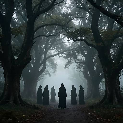 Misty Forest Path with Cloaked Figures