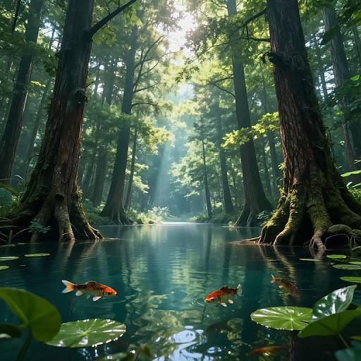 Photograph of a serene forest pond with sunlight filtering through tall trees, reflecting on calm water, and vibrant orange koi fish swimming among floating green l