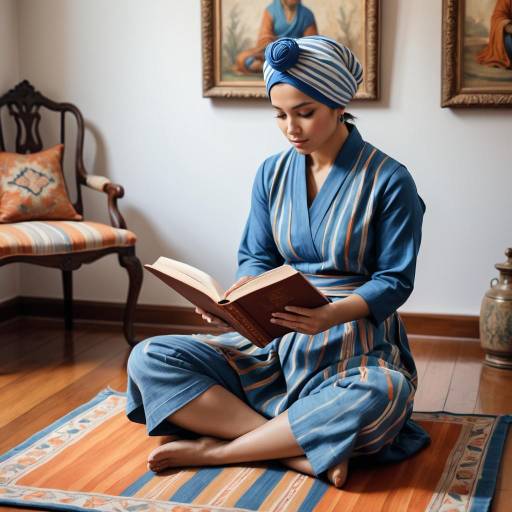Woman in Blue Turban Reading Indoors