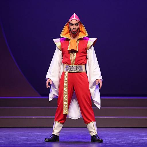 Photograph of a man in a dramatic costume: red pants, white coat, red vest, orange hood, silver belt, standing on stage.