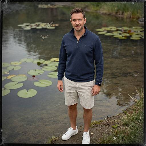 Photograph of a smiling, bearded man in a navy long-sleeve shirt, beige shorts, and white sneakers, standing by a lily
