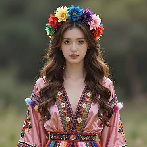 Young Woman in Colorful Traditional Costume with Flower Crown