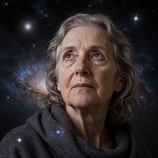 Photograph of an elderly woman with gray hair, wearing a dark cloak, gazing upward against a cosmic starry background.