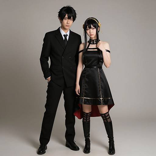 Photograph of two Asian cosplayers; he in a black suit, she in a black dress and thigh-high boots, standing against a gray background.