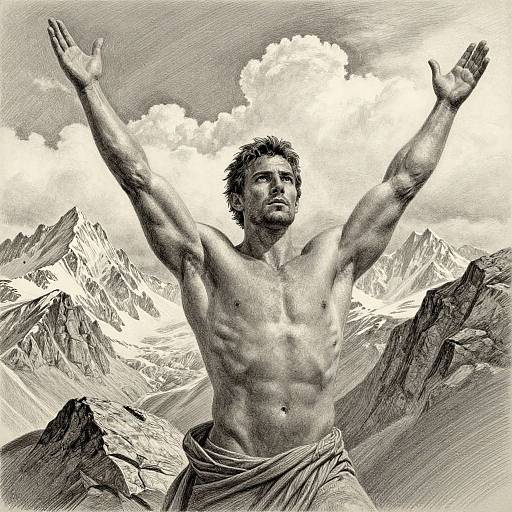 Black-and-white drawing of a muscular, shirtless man with raised arms, standing in a mountainous landscape with snow-capped peaks and cloudy sky.