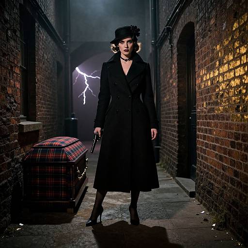 Photograph: Gothic woman in black coat, hat, and heels, holding gun, standing in dim alley with brick walls and plaid trunk, lightning