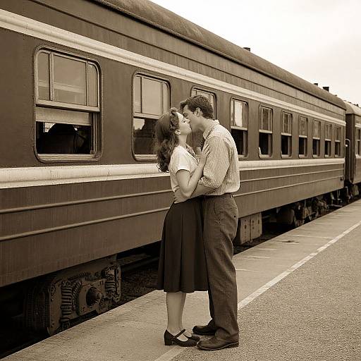 Sepia-toned photograph of a couple kissing in front of a stationary train on a platform, woman in white blouse and black skirt, man in striped