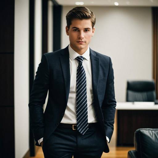 Young Man in Business Suit Standing Indoors