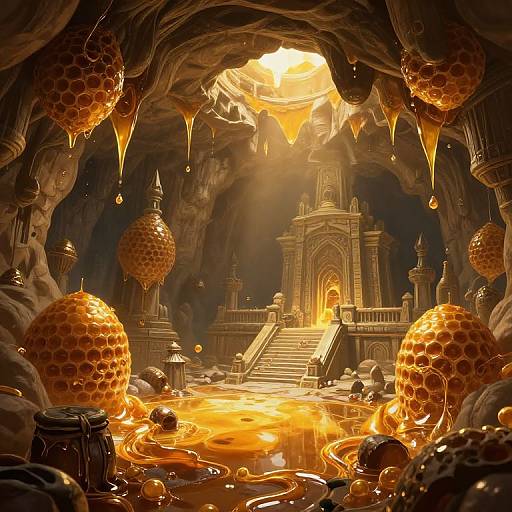 Digital fantasy artwork: Honey-filled cave with glowing honeyballs, dripping honey, and a grand, lit temple at the exit. Warm, golden light illumin