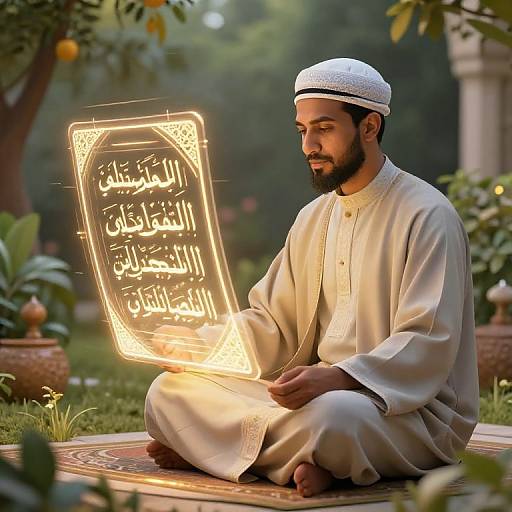 Serene Islamic Scholar with AI Interface